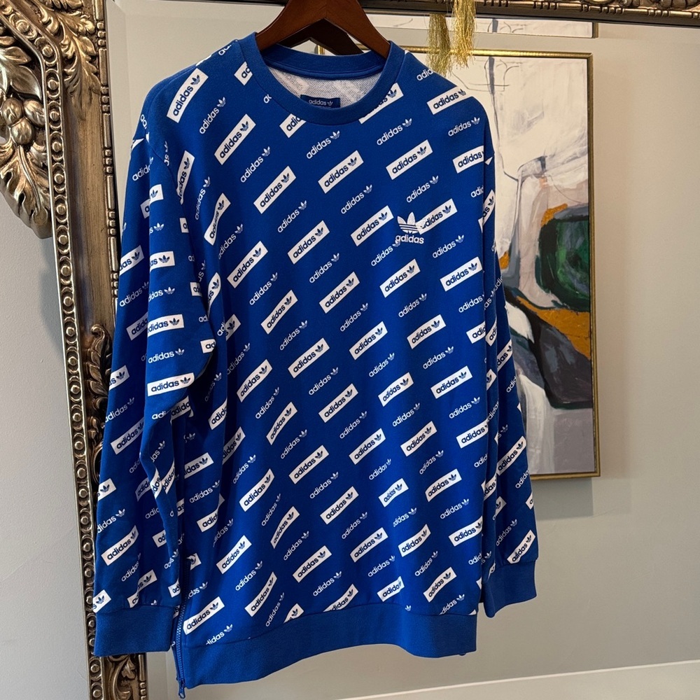Adidas Men's Blue Crewneck Sweater with White Logo Pattern